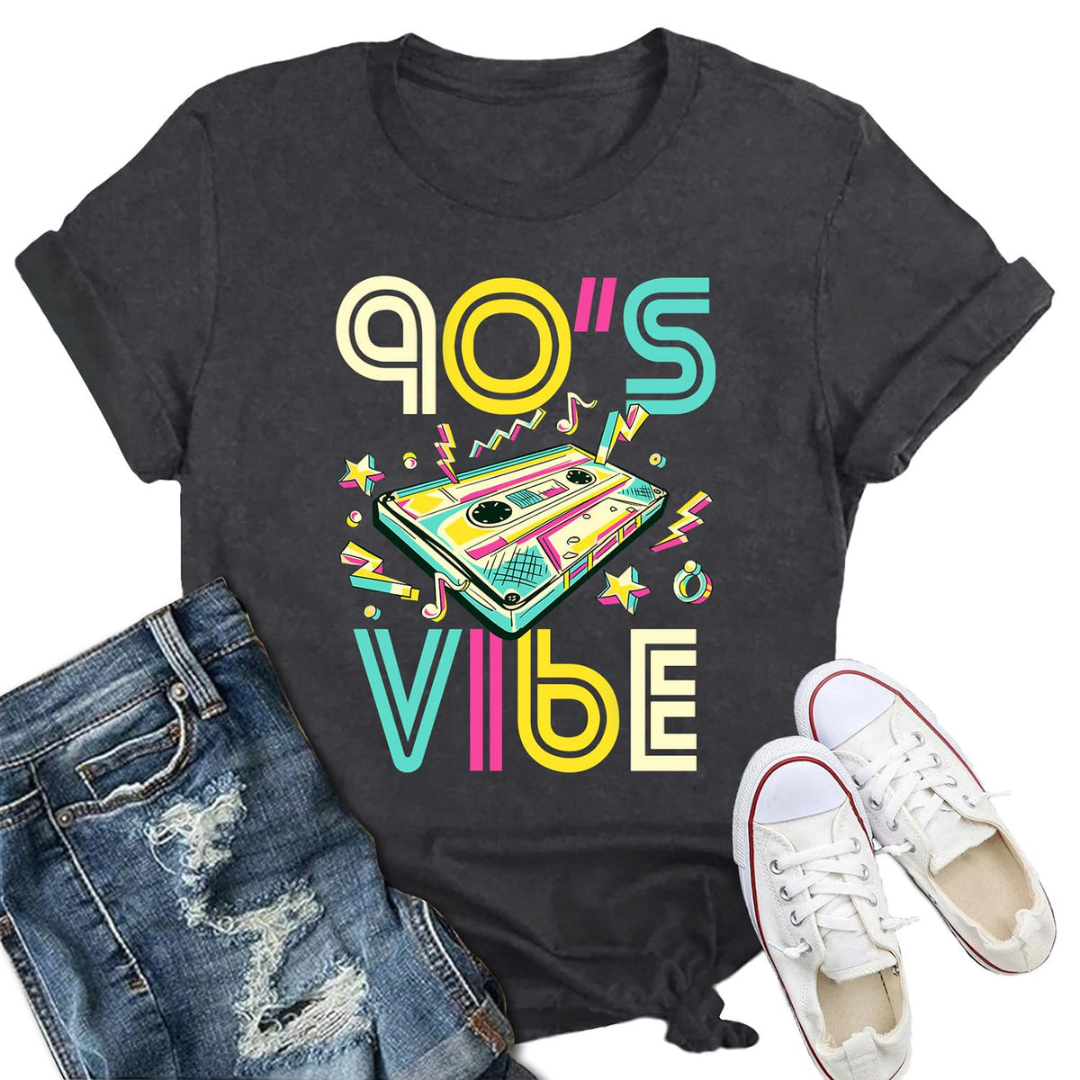 Womens 90s Shirt Retro 90s Vibes Music Party T-Shirt Back to The 90's Tee Vintage Neon Tops