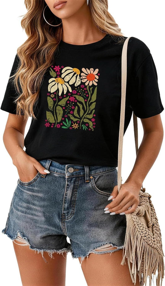 Rocksir Wildflower Shirt for Women,Vintage Floral Plant Graphic T-Shirts