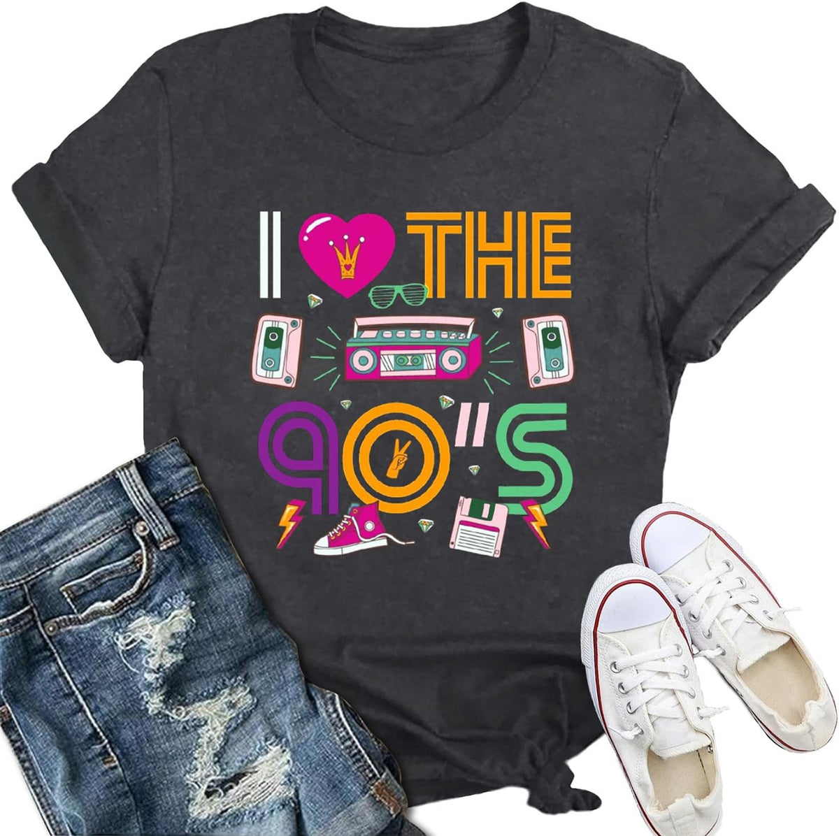 Womens 90s Shirt Retro 90s Vibes Music Party T-Shirt Back to The 90's Tee Vintage Neon Tops