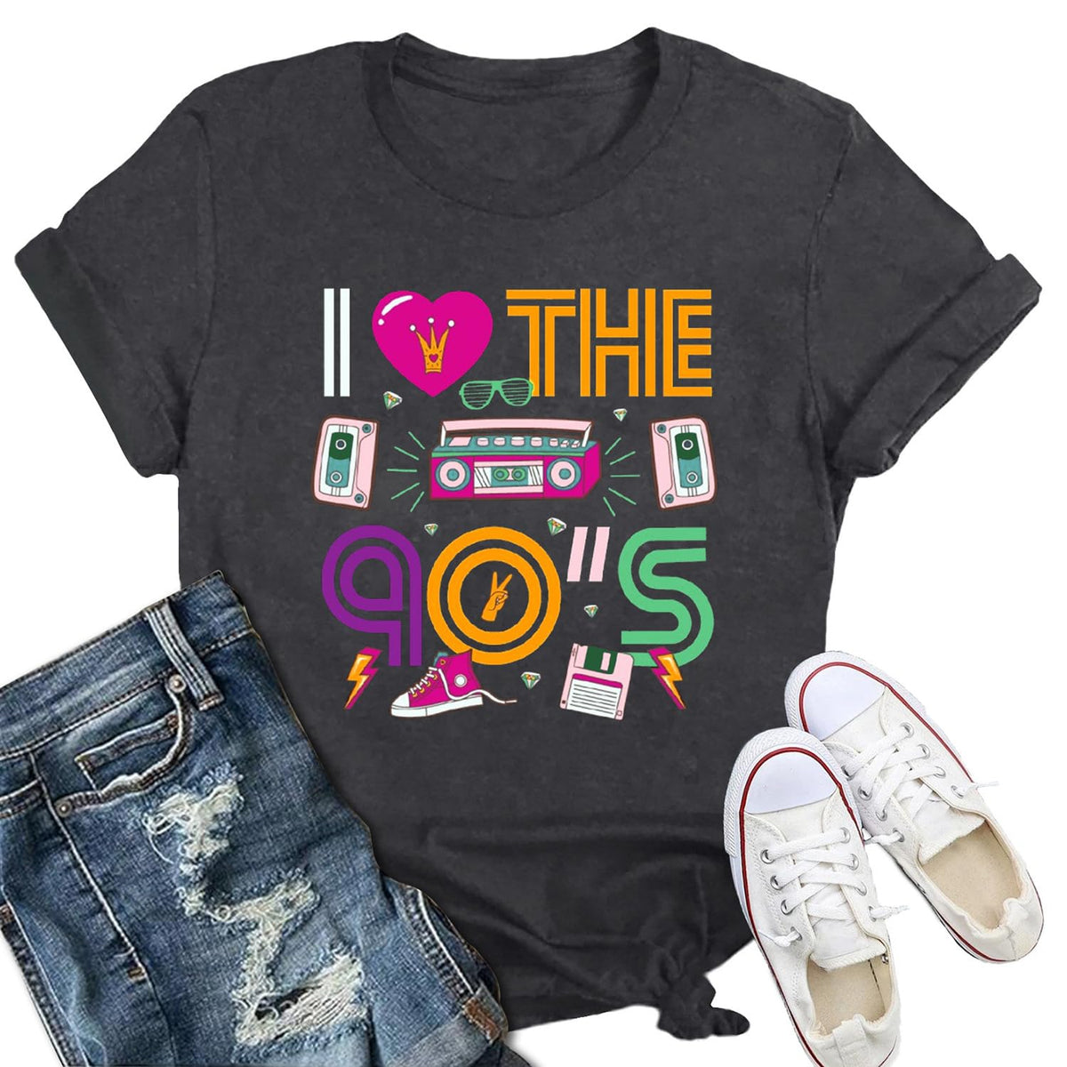 Womens 90s Shirt Retro 90s Vibes Music Party T-Shirt Back to The 90's Tee Vintage Neon Tops