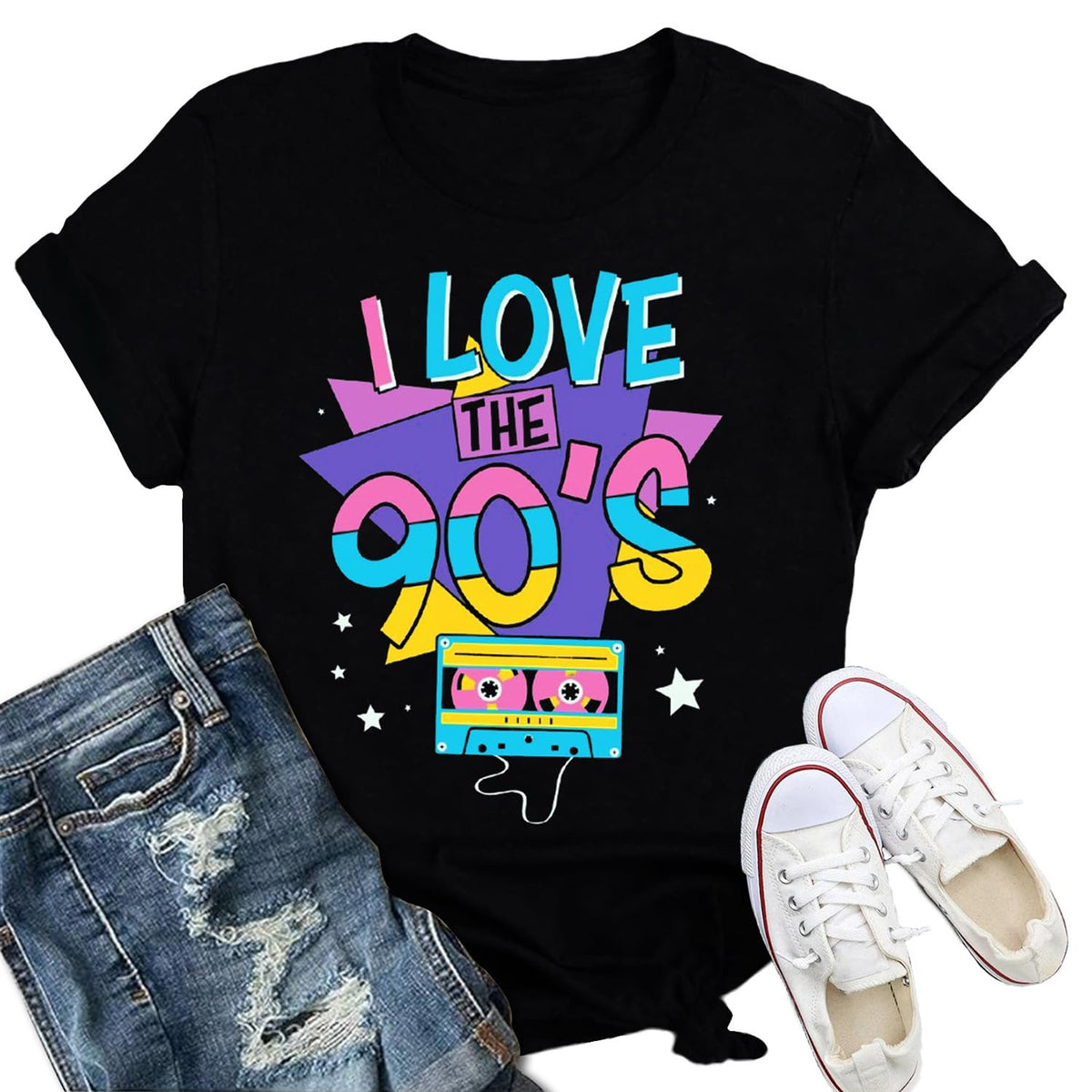 Womens 90s Shirt Retro 90s Vibes Music Party T-Shirt Back to The 90's Tee Vintage Neon Tops