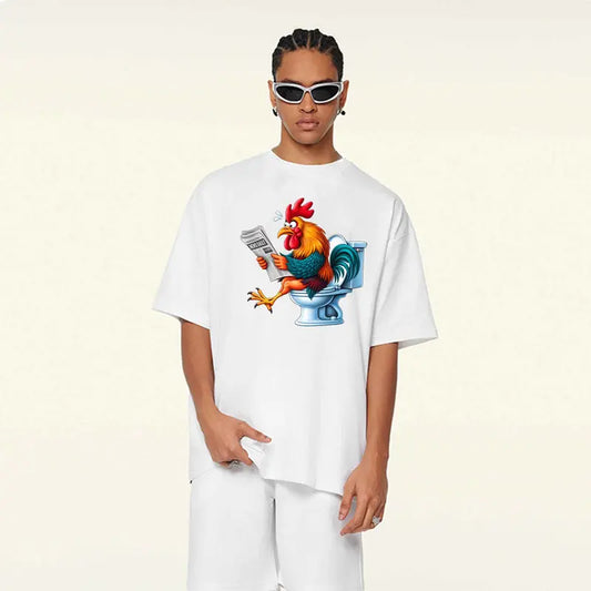 Men's Funny Rooster On Toilet Reading Newspaper Graphic Menswear T-Shirt - Oversized, Casual Short-Sleeve Humor Cartoon Print Streetwear Tops, Tshirt
