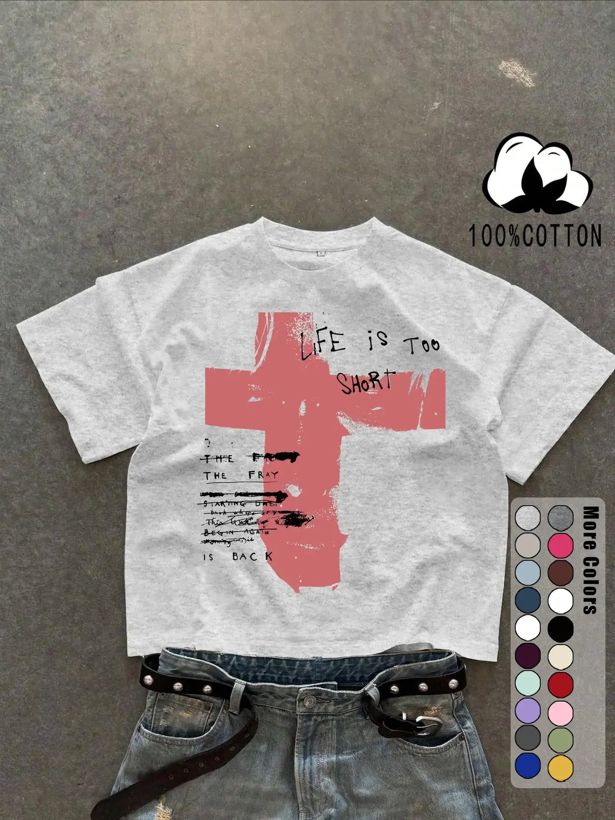 Unisex 100% Cotton Short Sleeve Round Neck T-Shirt, Cross Graffiti Print, Y2K Dark Gothic Street Style, Streetwear, Casual Daily Wear, Loose-Fitting, Long Length, Aesthetic