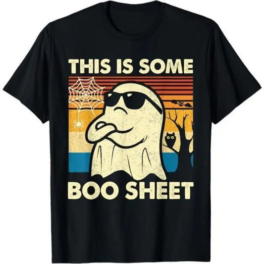 Mens Casual Round Neck Short Sleeve Graphics Halloween T-Shirt - "This is Some Spooky Sheet" Ghost Retro Design, Available in S-3XL