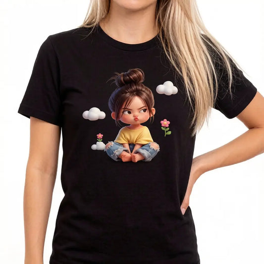 Women's Premium Cotton Cartoon Girl & Clouds Graphic T-Shirt - Short Sleeves, Crew Neck, Fitted, Elastic, Comfortable, Blush Pink Aesthetic, Casual Girly Tops, Valentine's Day Colorful Style All Seasons Beach Tee Sohochic, Valentines Day, Cartoon Style