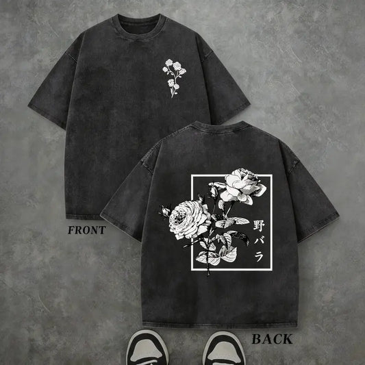 Japanese Graphic Tees for Men Harajuku Rose Flower Floral Shirts Cool Vintage Oversized Streetwear Acid Wash Tops  Men's and women's T-shirts: Unisex cotton T-shirts: Unique gift T-shirts