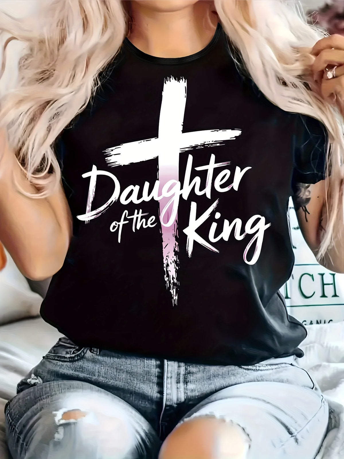 Women'S Daughter of The King Graphic T-Shirt - Black Casual Round Neck, Short Sleeve, Slightly Elastic Top with Faith Design, Comfortable All-Season Wear, Casual Wear And Graphic S (Loose Fit Please Refer to The Size Chart)