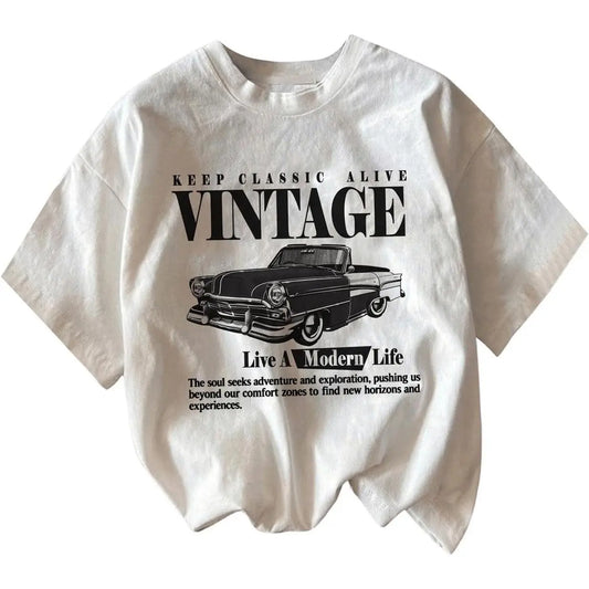 Women's Graphic Letter Tee - Crew Neck, Drop Shoulder, Short Sleeve, Vintage Car Print Casual Streetwear Clothing - Black Fit Women's Fashion Graphic Shirts,back to school,back to school shopping, Cotton