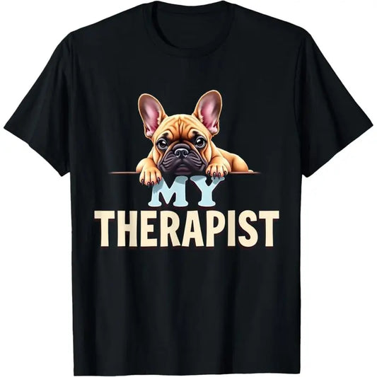 Women's Regular Fit Round Neck Breathable Cotton Blend Graphic Print Top - Short Sleeves, Soft French Bulldog "My Therapist" Design, Casual Streetwear Apparel Tshirt