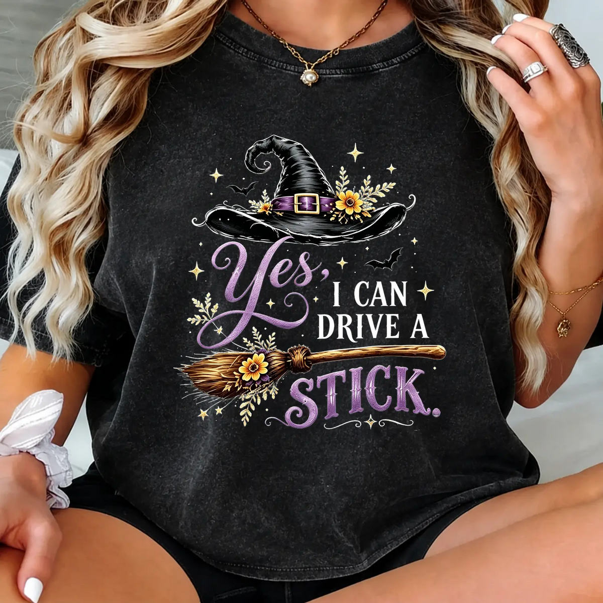 Women's Short-Sleeve Crew Neck Halloween Humor Graphic Tee - "Yes I Can Drive A Stick" Witch Hat Broom Print Casual Clothes, Funny Apparel Top,sohochic