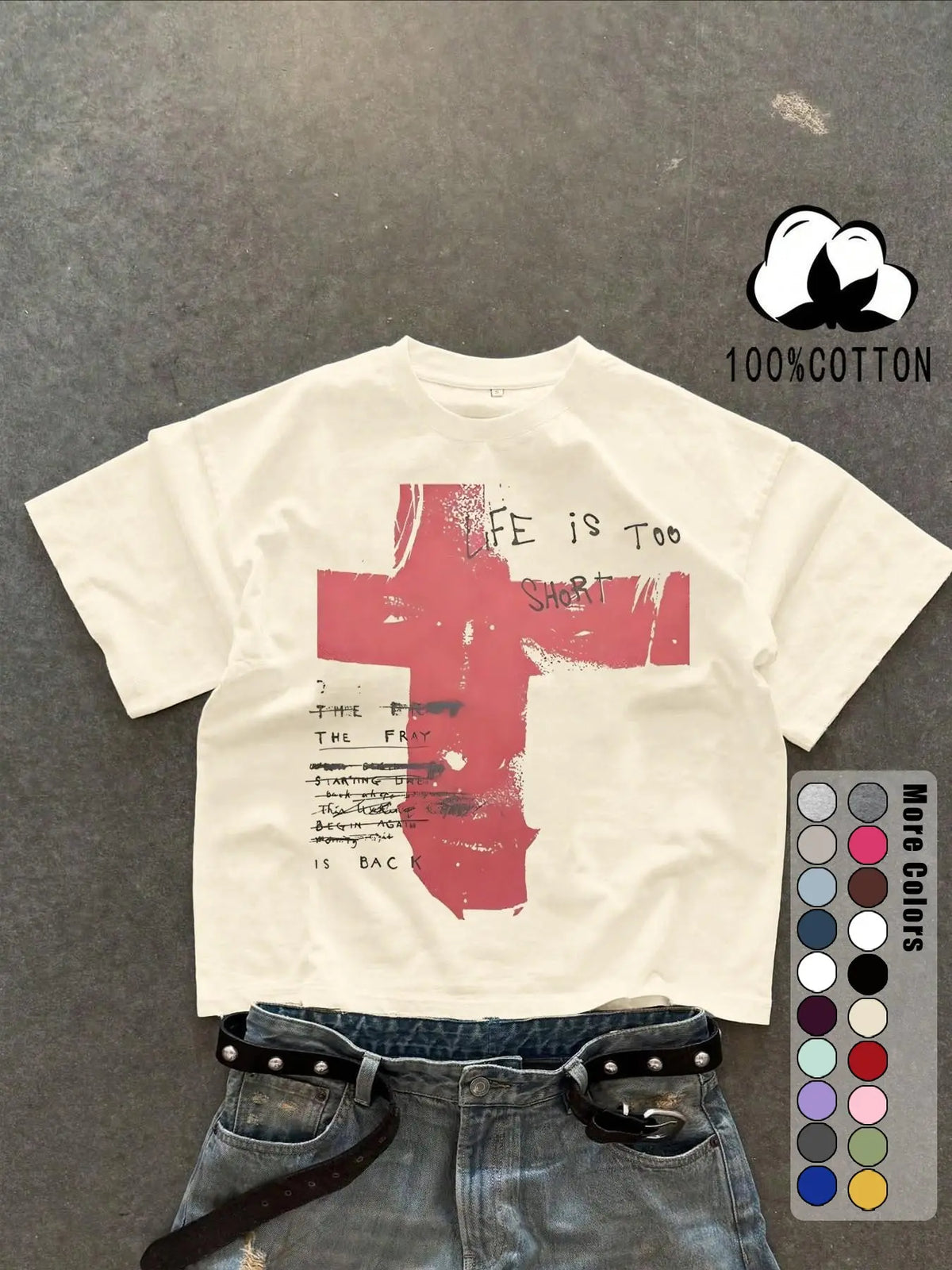 Unisex 100% Cotton Short Sleeve Round Neck T-Shirt, Cross Graffiti Print, Y2K Dark Gothic Street Style, Streetwear, Casual Daily Wear, Loose-Fitting, Long Length, Aesthetic