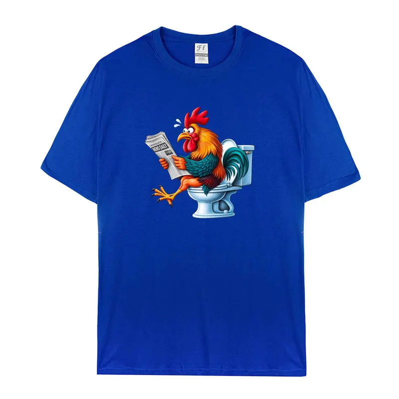 Men's Funny Rooster On Toilet Reading Newspaper Graphic Menswear T-Shirt - Oversized, Casual Short-Sleeve Humor Cartoon Print Streetwear Tops, Tshirt