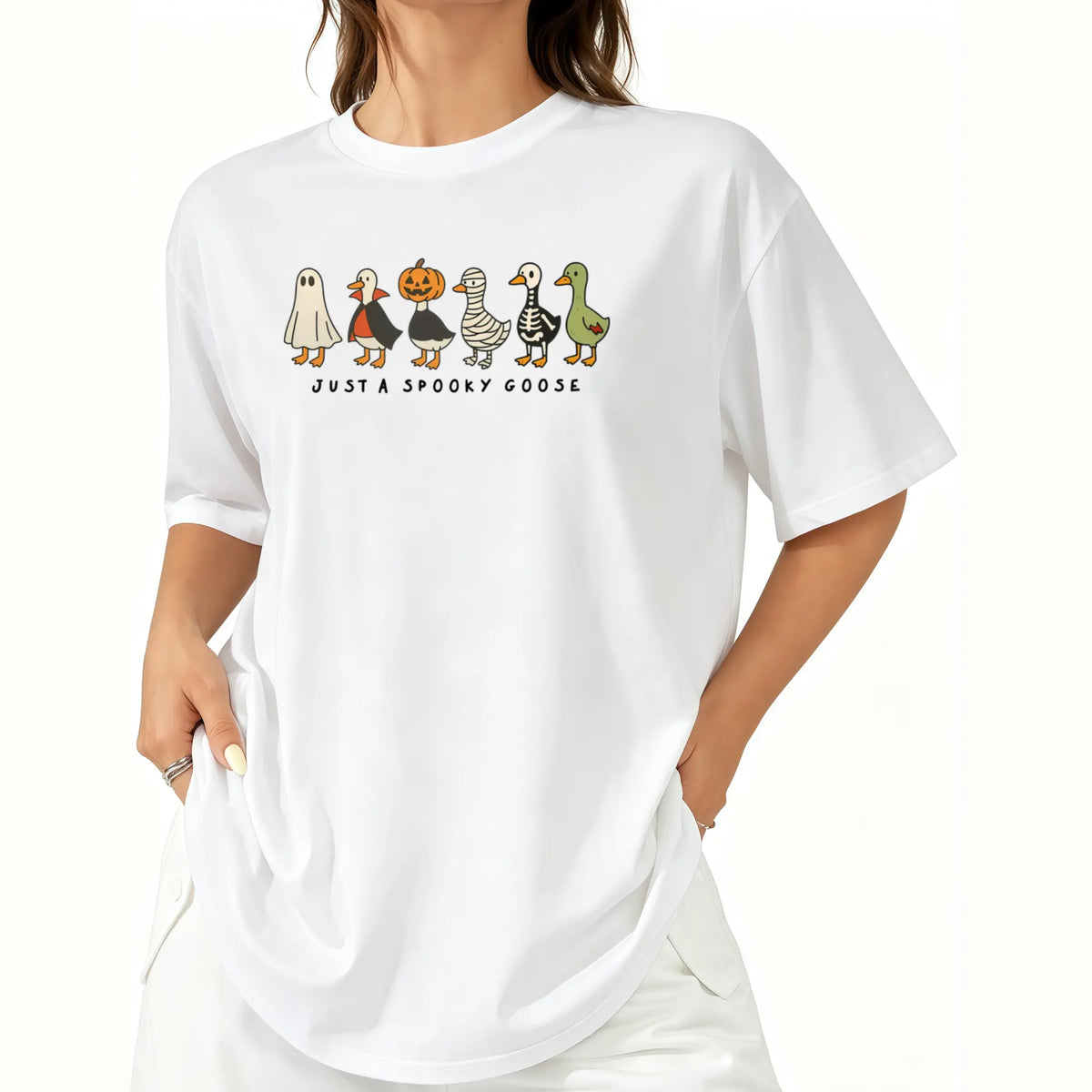 Halloween Funny Goose Shirt, Just a Spooky Goose Tee, Skeleton Goose Spooky Season Graphic Top, Retro Spooky Tee Unisex Apparel