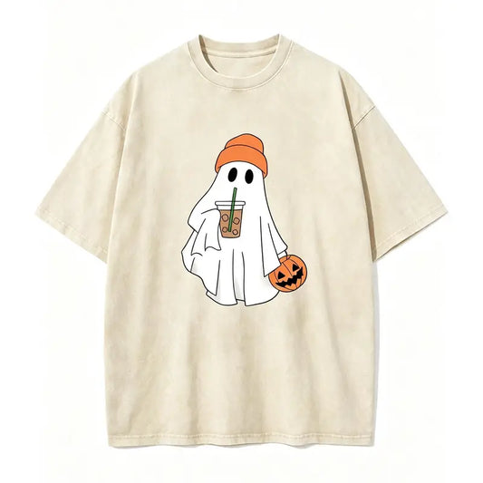 Men's Retro Oversized Acid Wash Black Short-Sleeve Round Neck Pumpkin & Ghost Print Casual T-Shirt - Cute Ghost With Orange Beanie, Iced Coffee Art, Soft Washed Fabric, Spooky Fall Streetwear, Halloween Gift, Machine Washable, Pumpkin & Ghost Print Men's