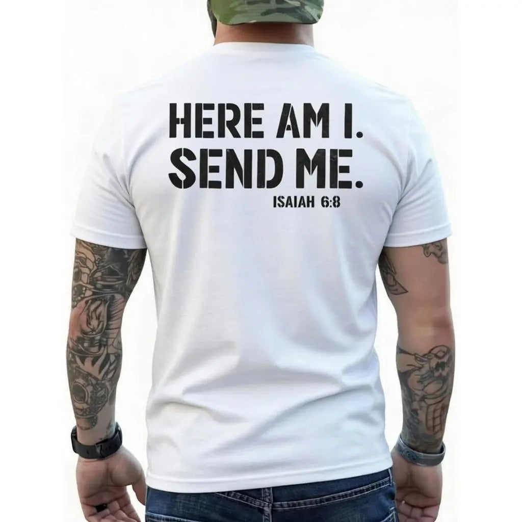 Men's "Here Am I Send Me" Faith Graphic Tee, Christian Clothing, Isaiah 6-8 Bible Verse Mens Gifts, Fathers Day Streetwear Gift for Dad, Faith Message Men's Short-Sleeve T-Shirts,sohochic
