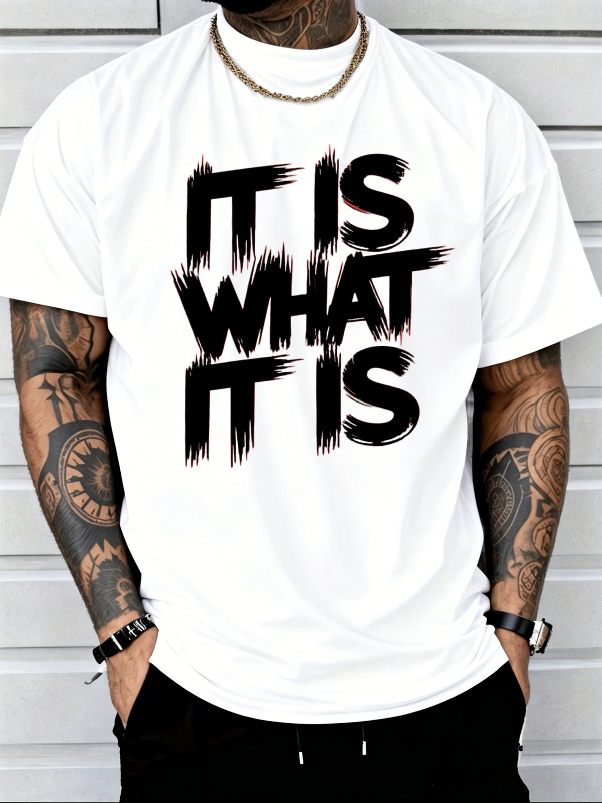 Men'S T-Shirt IT IS WHAT IT IS Brush Stroke English Print Attitude Street Style Casual Loose Crew Neck Top Breathable Skin Friendly Daily All-Match Short Sleeve Tee