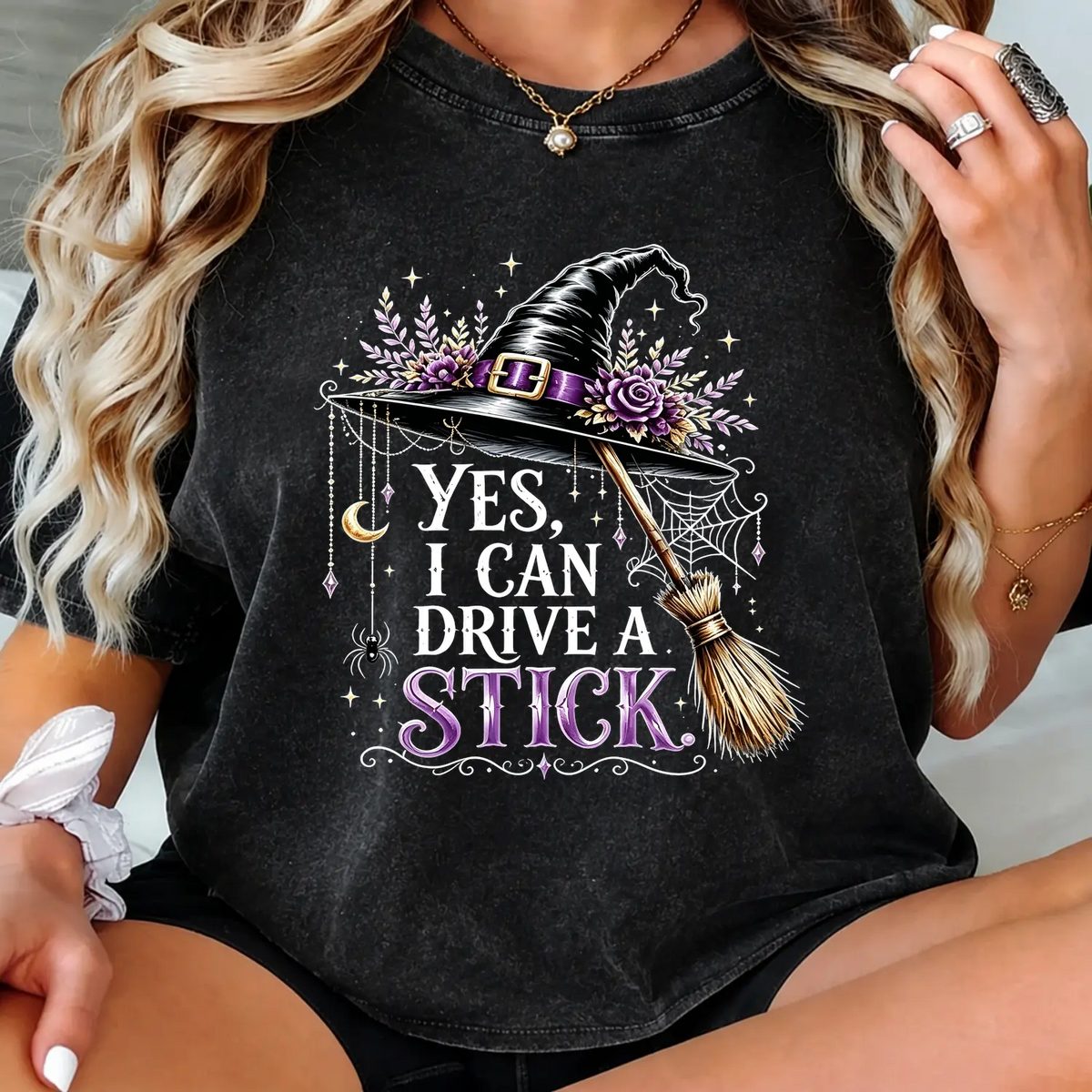 Women's Short-Sleeve Crew Neck Halloween Humor Graphic Tee - "Yes I Can Drive A Stick" Witch Hat Broom Print Casual Clothes, Funny Apparel Top,sohochic