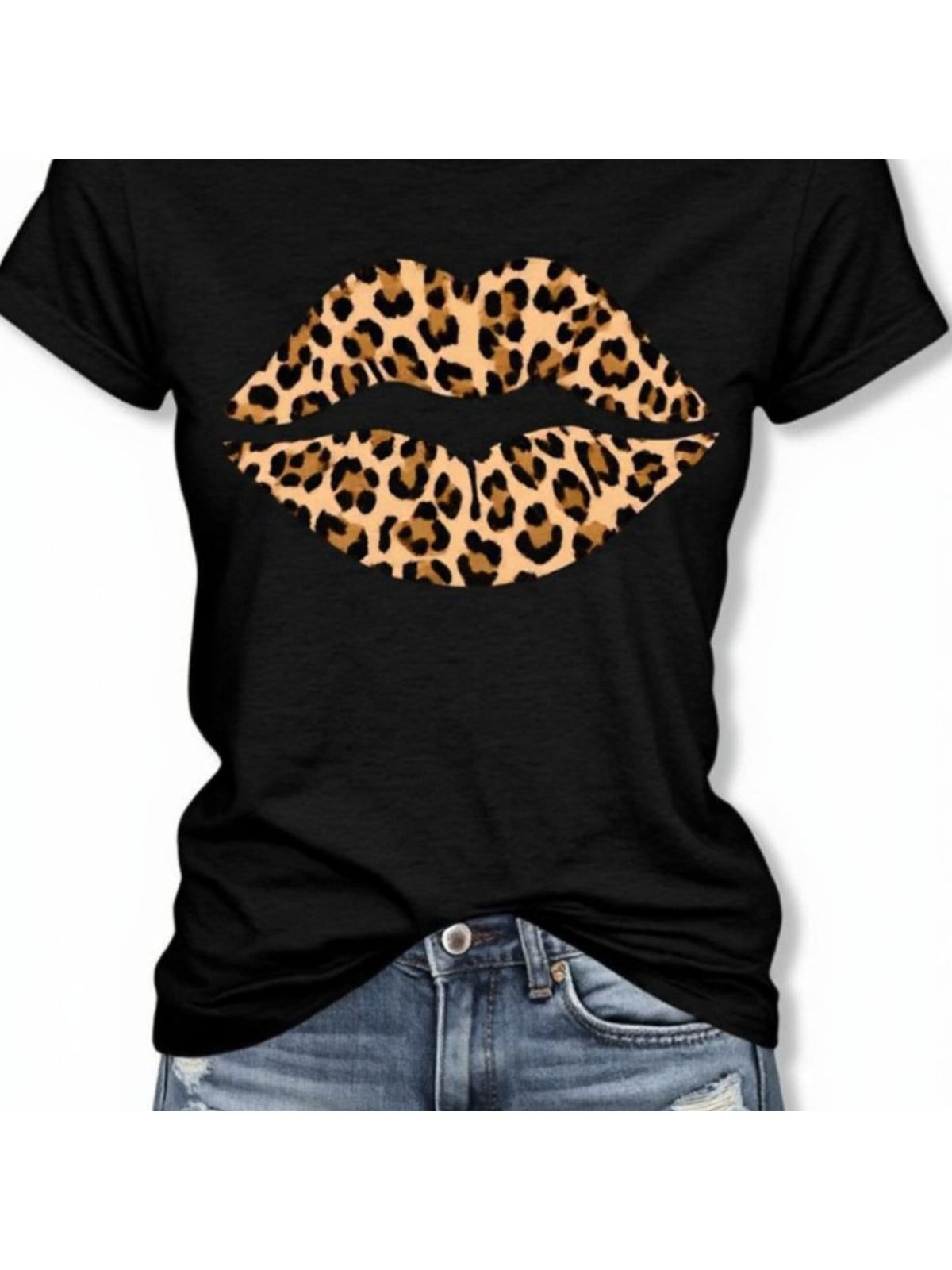 WoWomens Short Sleeve TShirt TShirt With Leopard Lips Printed Design Casual Round Neck Stretchy Soft Fabric Machine Washable Summer Fashion Top Trendy Attire Statement Tee Comforta