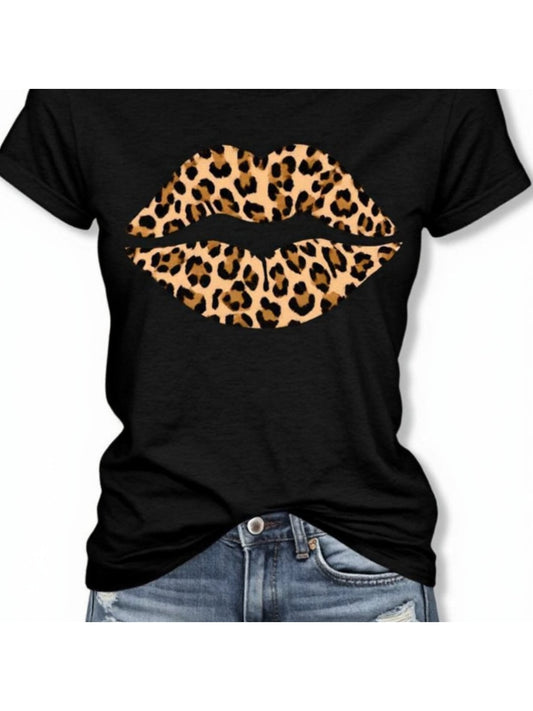 WoWomens Short Sleeve TShirt TShirt With Leopard Lips Printed Design Casual Round Neck Stretchy Soft Fabric Machine Washable Summer Fashion Top Trendy Attire Statement Tee Comforta