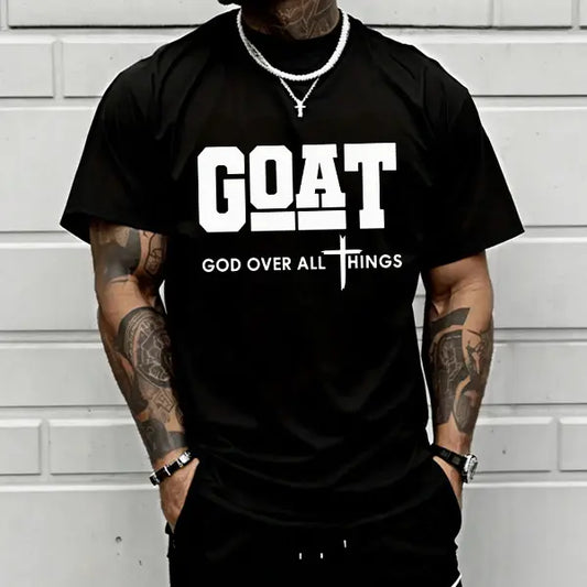 Men's "God Over All" Cotton Graphic T-Shirt - 100% Cotton, Breathable Loose Short-Sleeve Round Neck, Urban Faith Trendy Graphic Shirts, Everyday Outdoor Casual Clothes Products, Christian Apparel, Spring Gift for Him, Streetwear Top, Men's Shirts Graphic