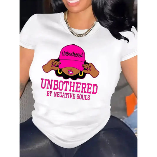 Women's Cotton Round Neck Short-Sleeve Graphic T-Shirt - Unbothered Soul Quote Statement Top, Cute Streetwear Clothing for Women, Casual Summer Layering, Everyday Wear Gift with Lasting Stitching,sohochic