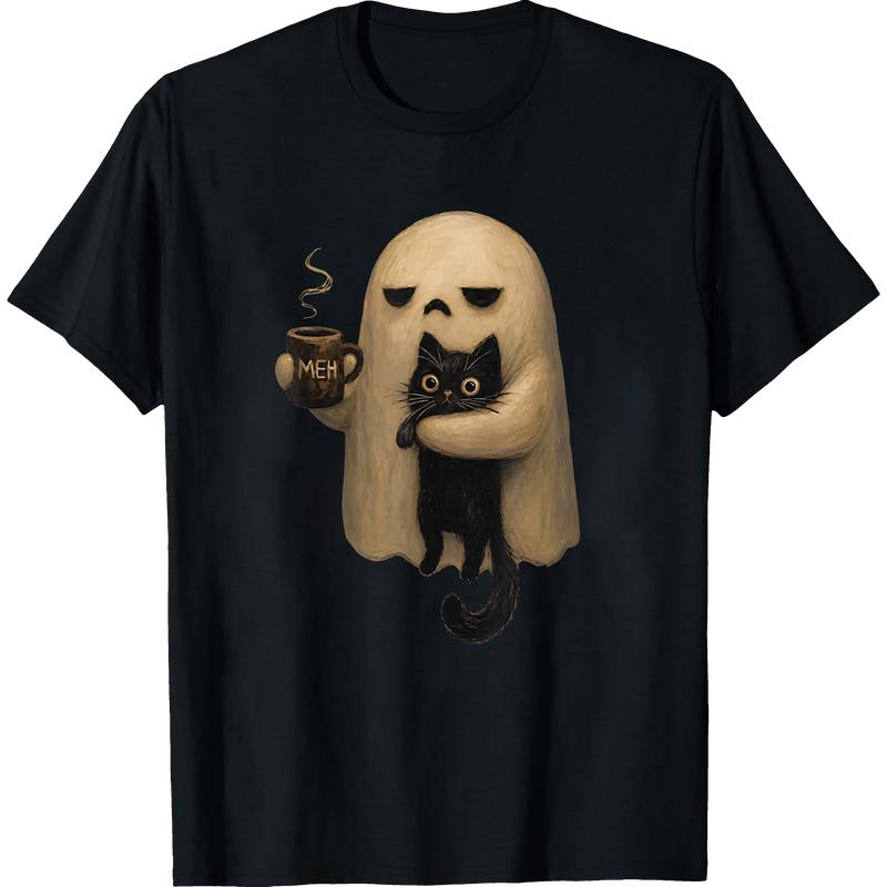 Halloween T-shirts, ChristmasSpooky Ghost Holding Black Cat Coffee Lover Funny Halloween