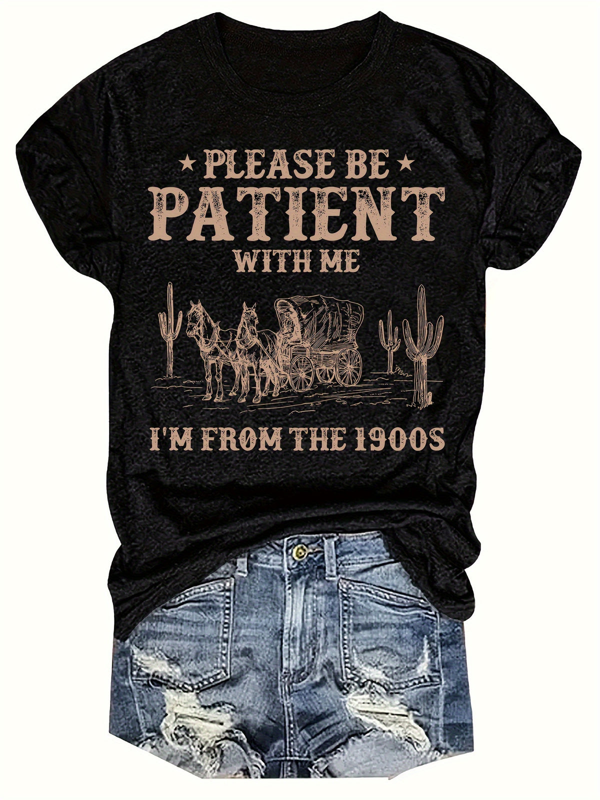 Western Style Letter Printed Round Neck T-Shirt, Casual Vacation Women'S Short Sleeve Top, Women'S Clothing