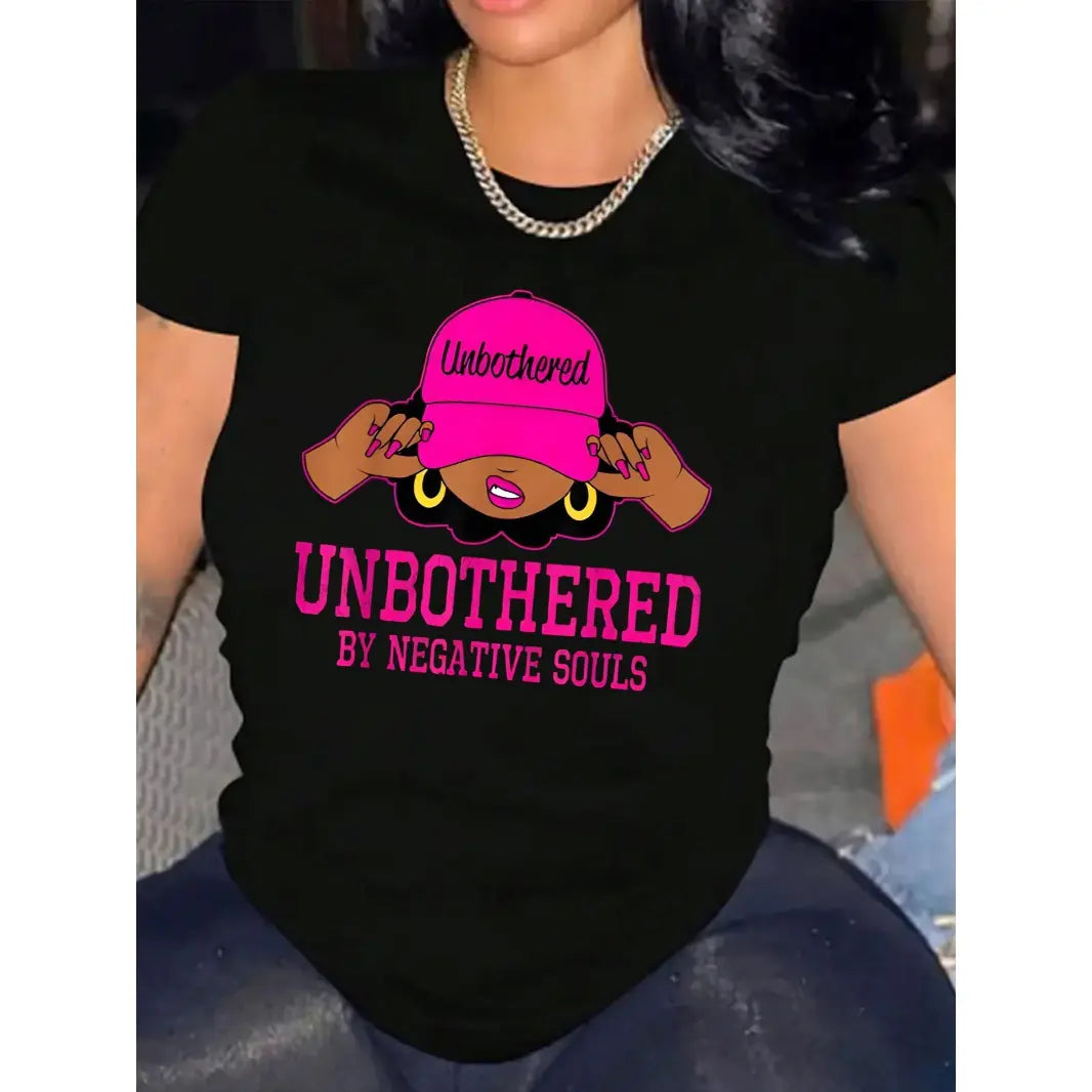 Women's Cotton Round Neck Short-Sleeve Graphic T-Shirt - Unbothered Soul Quote Statement Top, Cute Streetwear Clothing for Women, Casual Summer Layering, Everyday Wear Gift with Lasting Stitching,sohochic