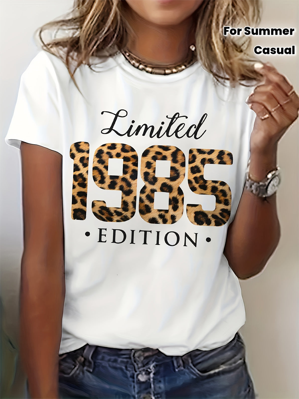 Birthday 1985 Vintage Leopard Letter Print T-shirt, Short Sleeve Crew Neck Casual Top For Summer & Spring, Women's Clothing