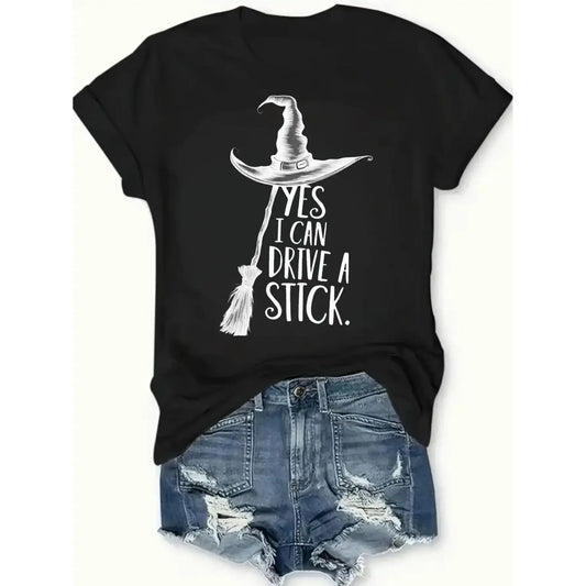 Witch Graphic Print Pure Women's T-Shirt - Comfort Fit, Round Neck, Casual SpringSummer Tee with Playful Yes I Can Drive a Stick Design, Black, Medium Elasticity, Smooth Texture, Regular Length, Ladies T Shirts Plus Size