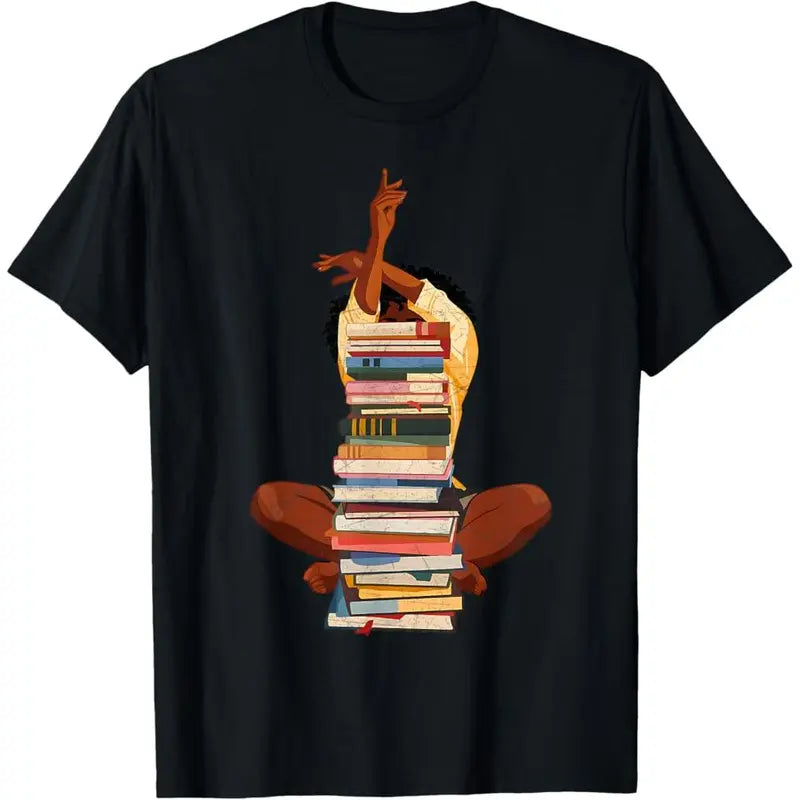 Men's Fitted Crew Neck Soft Cotton Graphic T-Shirt - Short-Sleeve, Breathable Casual Top, Black Afro Girl & Book Stack Design, Bookish Bold Look, Starting Point of Conversations, 2XL, 3XL, 4XL, 5XL