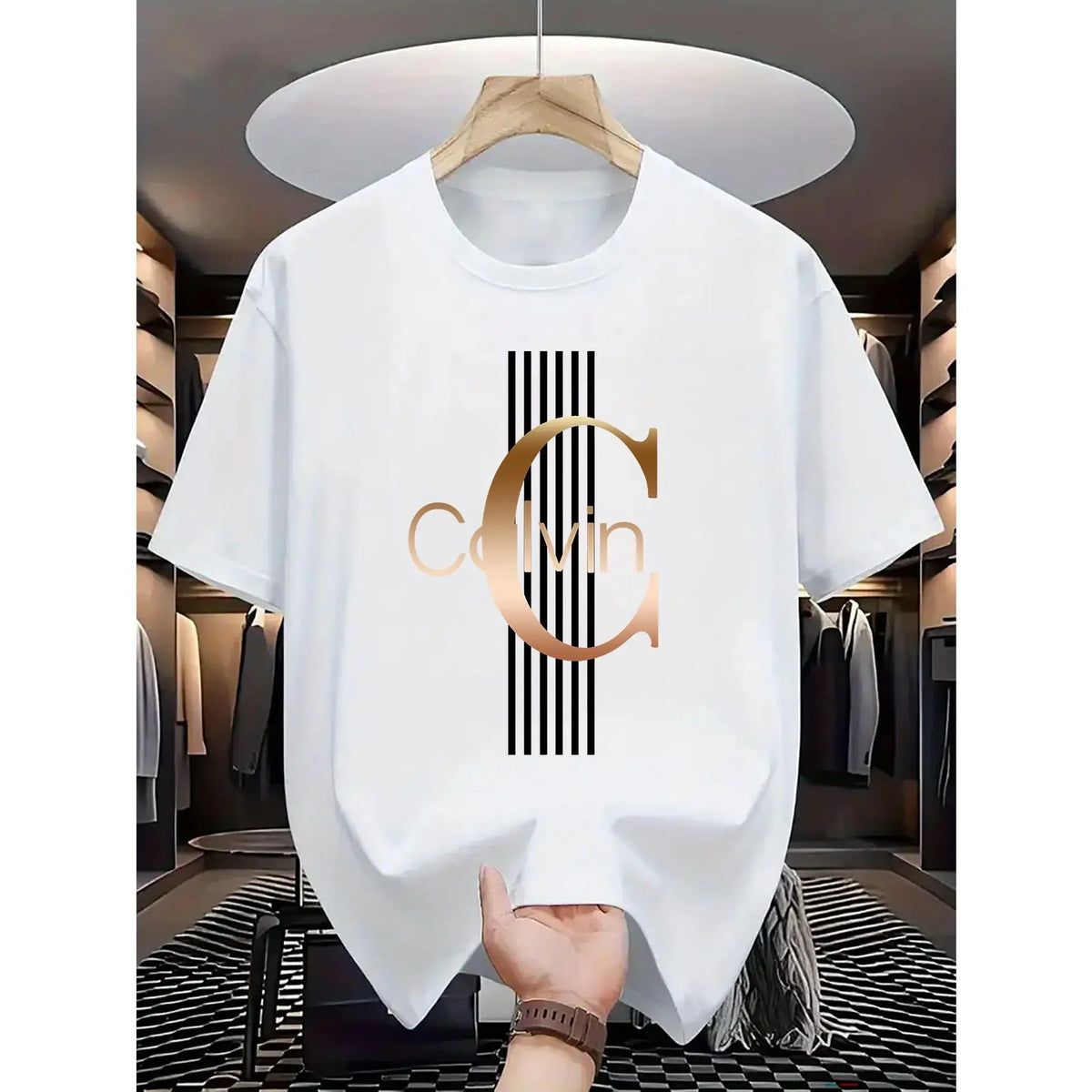 Men'S Casual Calvin Graphic T-Shirt - Bold Letter Print with Black Stripes & Golden Accents, Breathable Round Neck Summer Streetwear, Machine Washable, Comfortable Everyday Fashion Tee, Everyday Tshirt |Bold Letter Print |Comfortable Fit, T Shir Cotton