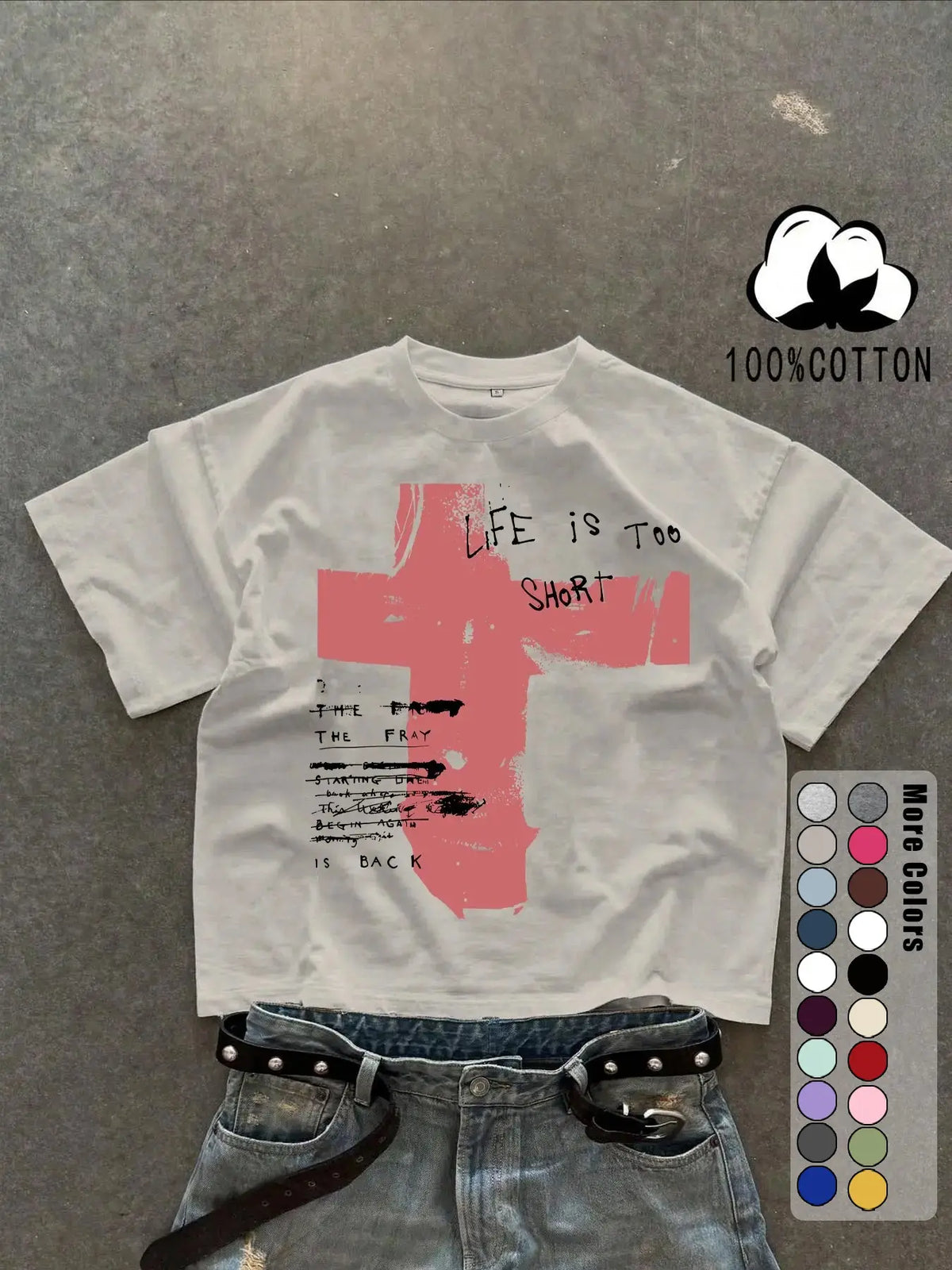 Unisex 100% Cotton Short Sleeve Round Neck T-Shirt, Cross Graffiti Print, Y2K Dark Gothic Street Style, Streetwear, Casual Daily Wear, Loose-Fitting, Long Length, Aesthetic