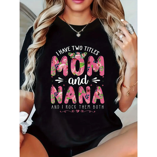 Women's Casual Short Sleeve T-Shirt - "Mom & Nana" Graphic Print with Floral Geometric Design, Black & Pink Lettering, Machine Washable Round Neck Top for Mother's Day Gifts & Casual Attire, Ladies T Shirts, Summer Outfit,