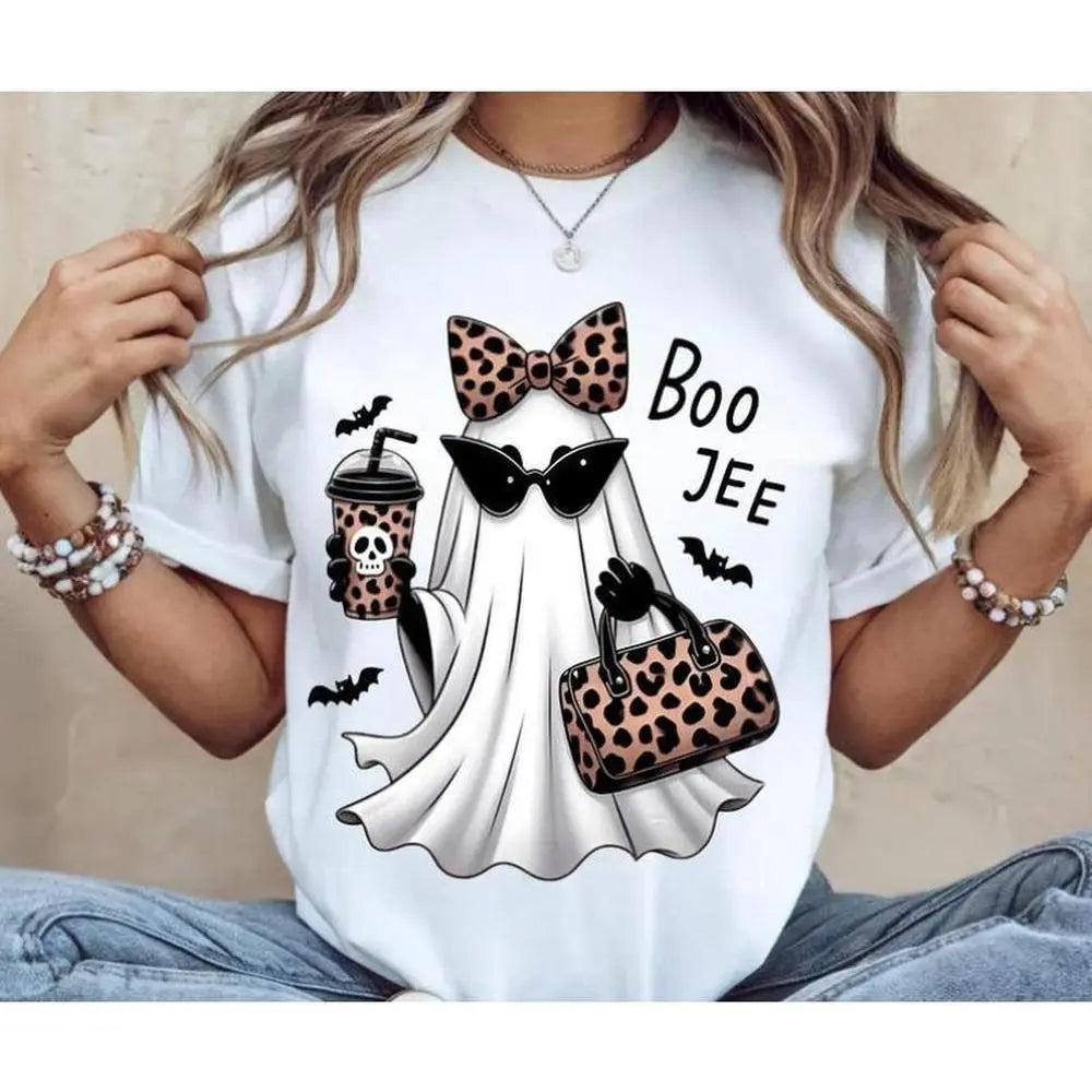 Boo-Jee Ghost Shirt, Leopard Ghost Coffee Graphic Tee, Funny Fall Girly Shirt, Halloween Gift, Crewneck Fitted Tee