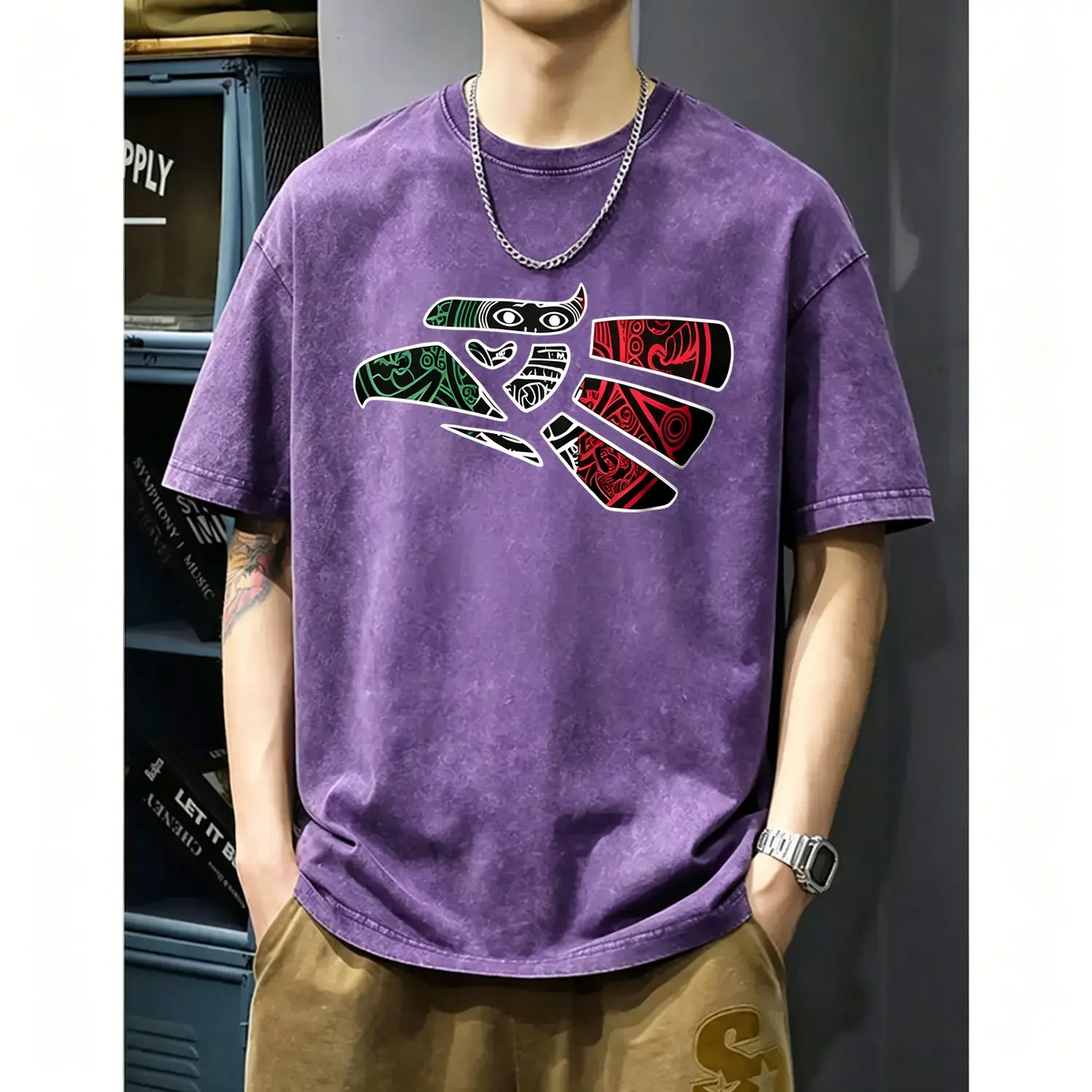 Latino Heritage Cotton T-shirt Featuring Green White Red Mexico Eagle Tribal Art Design with Mexico Flag Tattoo Eagle Theme for Men