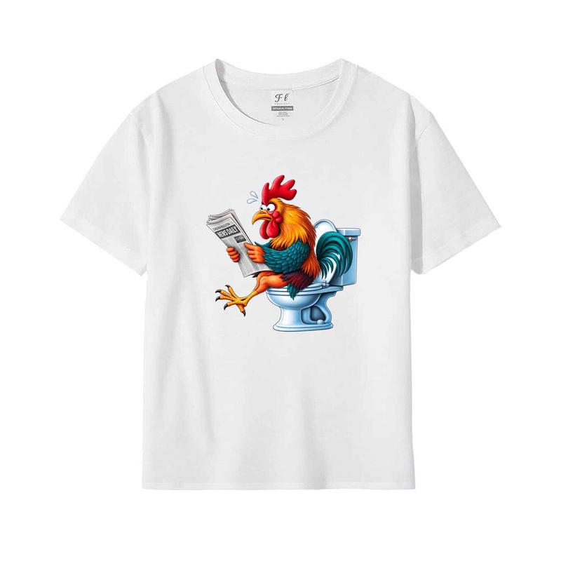 Men's Funny Rooster On Toilet Reading Newspaper Graphic Menswear T-Shirt - Oversized, Casual Short-Sleeve Humor Cartoon Print Streetwear Tops, Tshirt