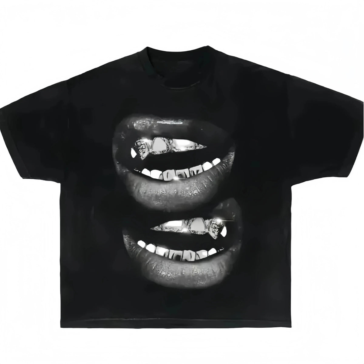 Women's 100% Cotton Short-Sleeve Casual Round Neck Streetwear Boxy Top, Garment Dyed with Grin Fang Mouth Design