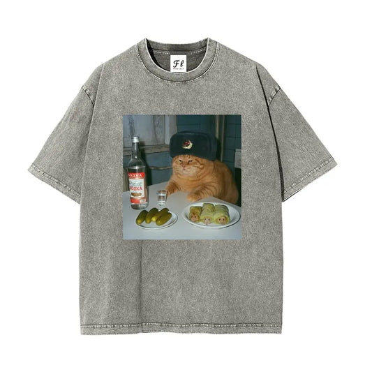 Men's Soft Distressed Oversized Vintage Stretch Short-Sleeve Round Neck Graphic Print Cotton T-Shirt - Casual Menswear Top with Cute Chubby Orange Cat, Vodka Bottle & Pickles Retro Funny Design