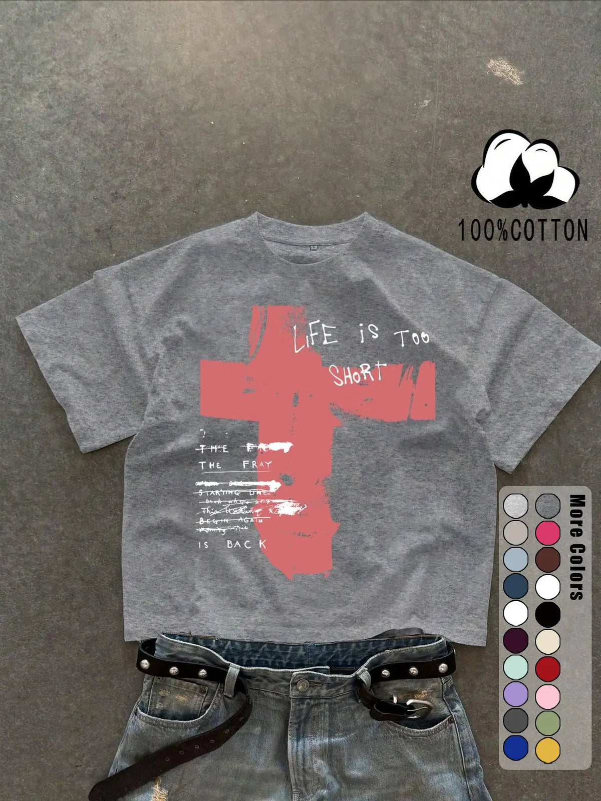 Unisex 100% Cotton Short Sleeve Round Neck T-Shirt, Cross Graffiti Print, Y2K Dark Gothic Street Style, Streetwear, Casual Daily Wear, Loose-Fitting, Long Length, Aesthetic