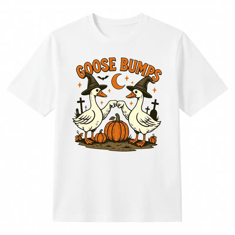 Men's  Casual Halloween T-Shirt - Witch Goose Clipart, Fist-Bump Geese Sublimation, Fall Pumpkin Design, Trendy Graphic Shirt for Women, Halloween Things, Shirts For Women