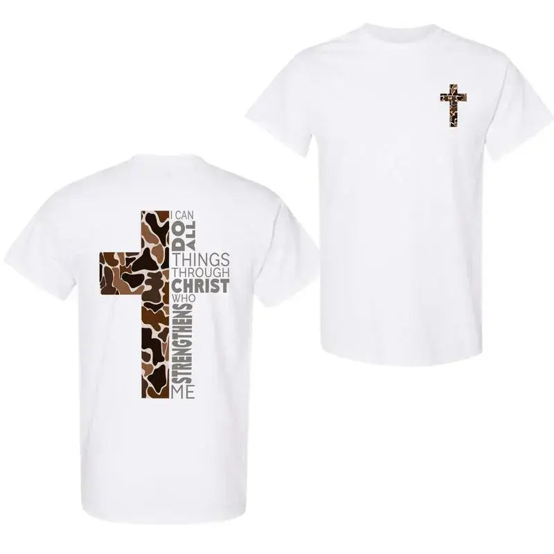 Men's Christian Stretchy Tailored Crew Neck Tops - 100% Soft Cotton Fabric, Camouflage Cross Print, Philippians 4:13 Verse, Short Sleeve, Casual for Faithful Believers, Office Use, Ideal for Christmas Shopping, Gift for Boyfriends