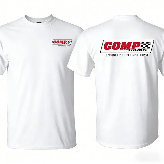 COMP Cams Racing T-Shirt, Engineered to Finish First Mechanic Tee, Automotive Performance Shop Shirt, Premium Cotton Blend, Unisex Fit for Men and Women, Gift for Car Enthusiasts, Racers, and Mechanics