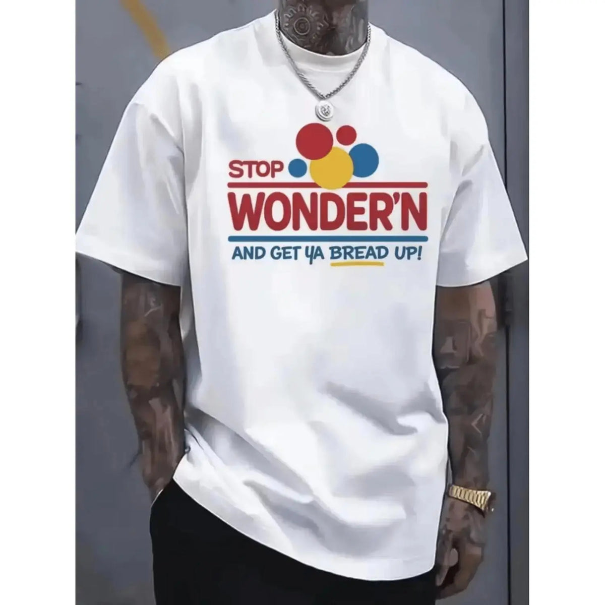 Women's Short-Sleeve Casual Streetwear T-Shirt, Humor Graphic Tee with "Stop Wondering Get Your Bread Up" Motif & Cheerful Bread Slice Illustration, Shortsleeve,back to school,back to school shopping,sohochic