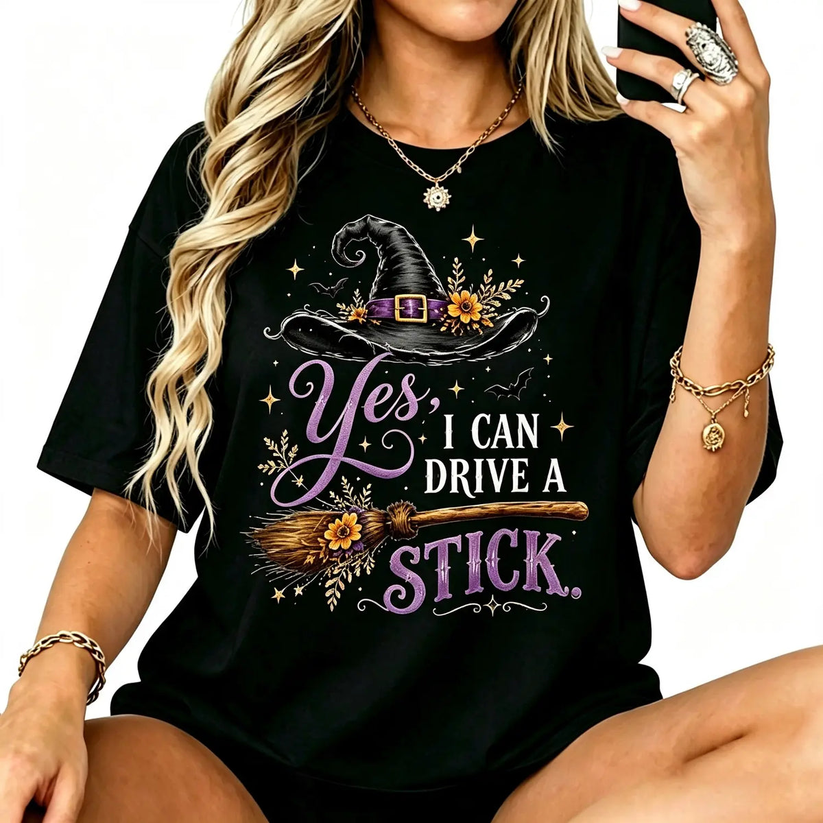 Women's Short-Sleeve Crew Neck Halloween Humor Graphic Tee - "Yes I Can Drive A Stick" Witch Hat Broom Print Casual Clothes, Funny Apparel Top,sohochic