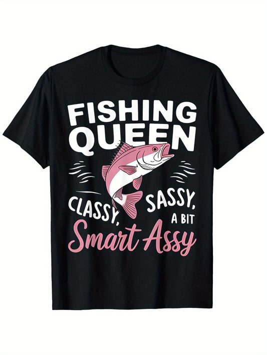 Fishing Queen Classy Sassy Smart Assy Graphic T-Shirt - Funny Fish Design, 100% Cotton Loose Fit Unisex Tee, Black with Pink & White Print, S-XXXL, Casual Comfort for Women & Men, All-Season Wear, Fishing Shirt