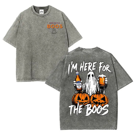 Men's 90s Vintage Acid Wash Oversized Short-Sleeve Tshirt - Soft Light Fabric, Back "I’m Here For The Boos" Graphic, Spooky Halloween Casual Top, Unisex Sizes, Holiday Gift, Ghost Pumpkin Print Graphic T Shirts