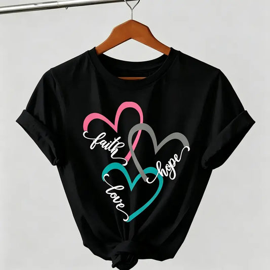 Women's Graphic T-Shirt - Faith Love Hope Graphic Print,  Fabric, Retro Casual Oversized Short-Sleeve Top