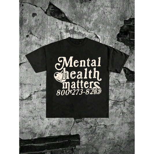 Unisex 'Mental Health Matters' Graphic T-Shirt, Vintage Distressed Mental Health Awareness Print with Support Hotline Design, 100% Cotton Oversized Crew Neck Tee, Short Sleeve Retro Streetwear Top for Mental Health Advocates & Self Care Enthusiasts,sohoch