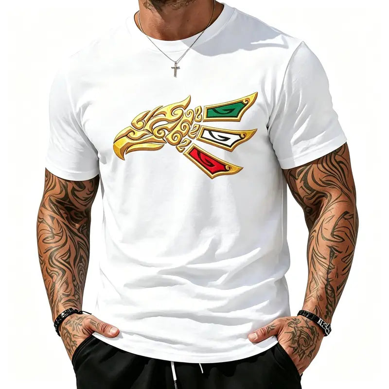 Golden Tribal Eagle Mexico Green White Red Flag Print Casual Mens Tshirt Mexican Culture Tribal Golden Eagle Graphic Short Sleeve Shirt, Patriotic Green White Red Feather Accent Country Pride T-Shirt For All Genders